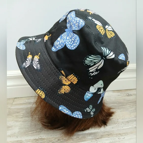 Black Butterfly Print Women's Bucket Hat Cotton One Size - Picture 4 of 10